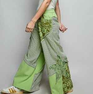 POL Striped Floral Patchwork Wide leg Green Hippie Flowy Pants - Women's
